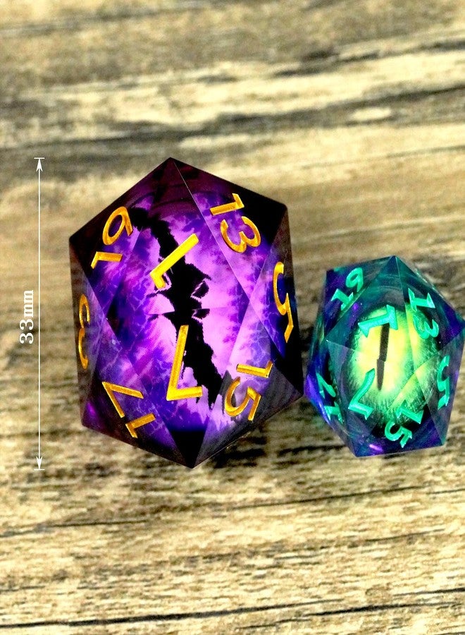 Maywin Handmade Sharp Edge 33mm Large Dice.Moving Dragon Eyeball Core Single Large D20 with Gift Box for Dungeons and Dragons(Purple Streak Lightning Eyeball-Gold Ink) - Image 2